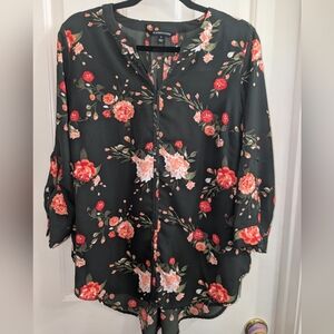 1X Black Floral 3/4 Sleeve Buttoned Blouse with Mandarin Collar